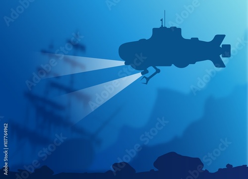 Blurred underwater background with submarine