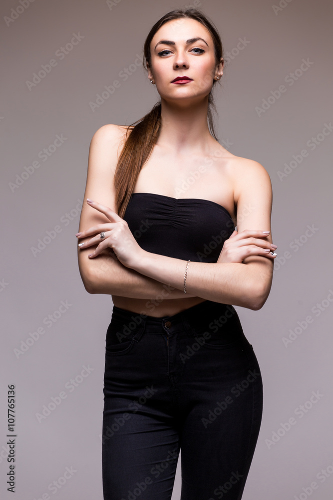 Stylish fashionable girl in black clothes on white background Stylish fashionable girl in black clothes on white background