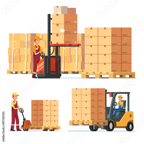 Warehouse workers stacking goods with truck
