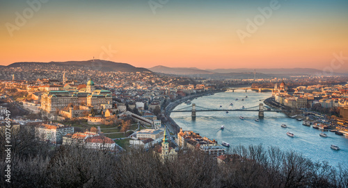 Panoramic View of Budapest and the Danube River with Many Boats as Seen from Gellert Hill Lookout Point