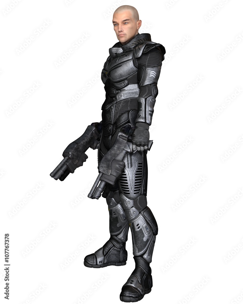 Science fiction illustration of a male future soldier in protective armoured space suit, standing holding pistols, 3d digitally rendered illustration Science fiction illustration of a male future soldier in protective armoured space suit, standing holding pistols, 3d digitally rendered illustration