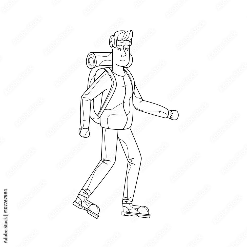 Full length of a hiker with backpack isolated on white background. Thin line. Flat design vector illustration.
