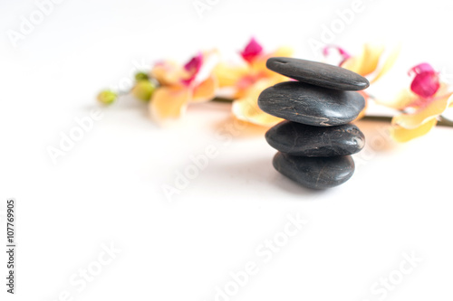 four dark gray stone against the bright colors of the Orchid