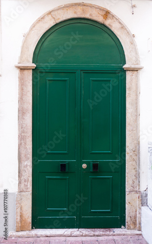Green door. entrance door in front of residential house.