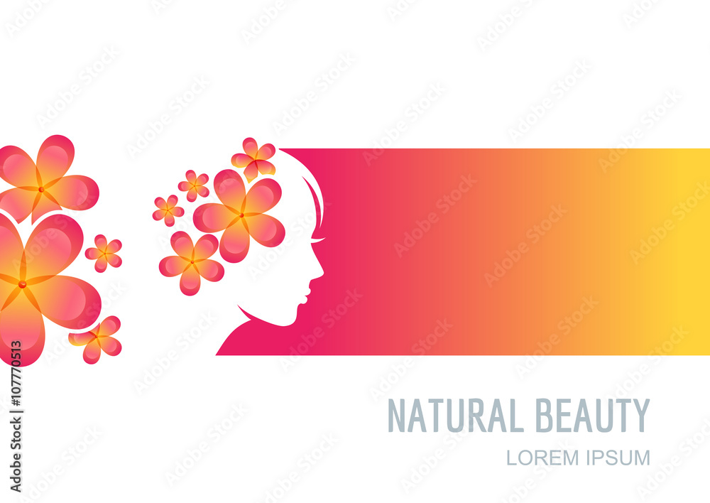 Female face on colorful background. Woman with flowers in hair. Vector label, package background, banner, flyer design elements. Trendy concept for beauty salon, massage, spa, natural cosmetics. Female face on colorful background. Woman with flowers in hair. Vector label, package background, banner, flyer design elements. Trendy concept for beauty salon, massage, spa, natural cosmetics.