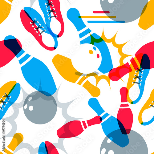 Vector bowling seamless pattern. Abstract multicolor background and design elements. Bowling ball, bowling pins, shoes illustration. Design for fashion textile print, wrapping, web background.