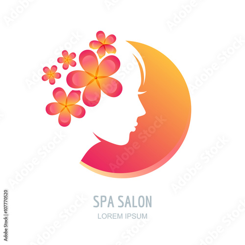 Female face in circle shape. Woman with flowers in hair. Vector beauty floral logo, sign, label design elements. Trendy concept for beauty salon, massage, spa, natural cosmetics.