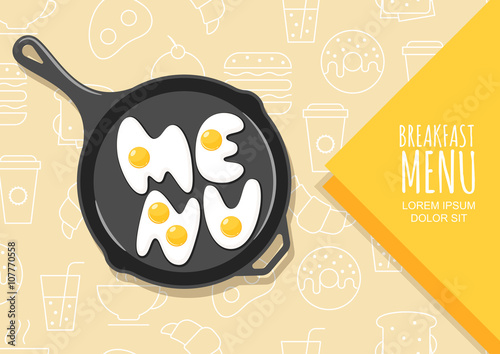 Vector design elements for banner, flyer, breakfast menu, cafe, restaurant. Letters made from fried eggs on pan. Linear fast food icons and symbols background. Creative food lettering. 