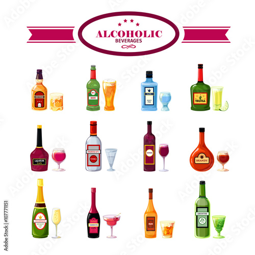 Alcoholic Beverages Drinks Flat Icons Set 