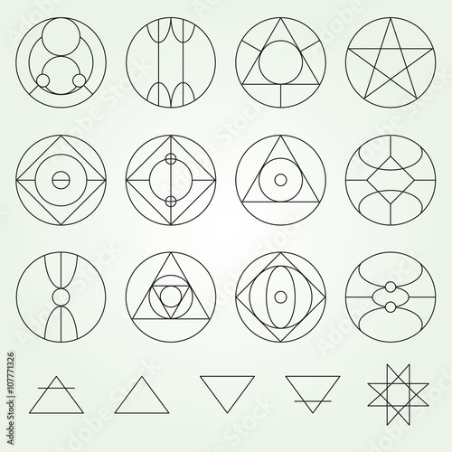 Alchemy symbols collection vector set, thin line (variable line)