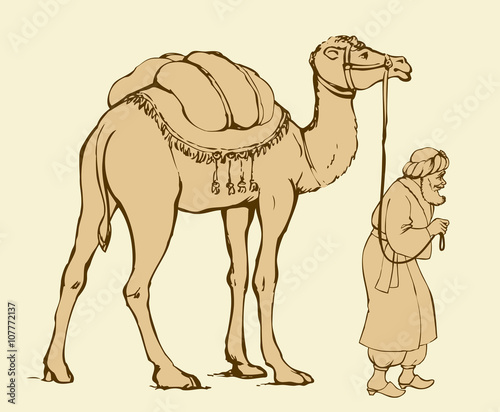 Arab with camel laden. Vector drawing