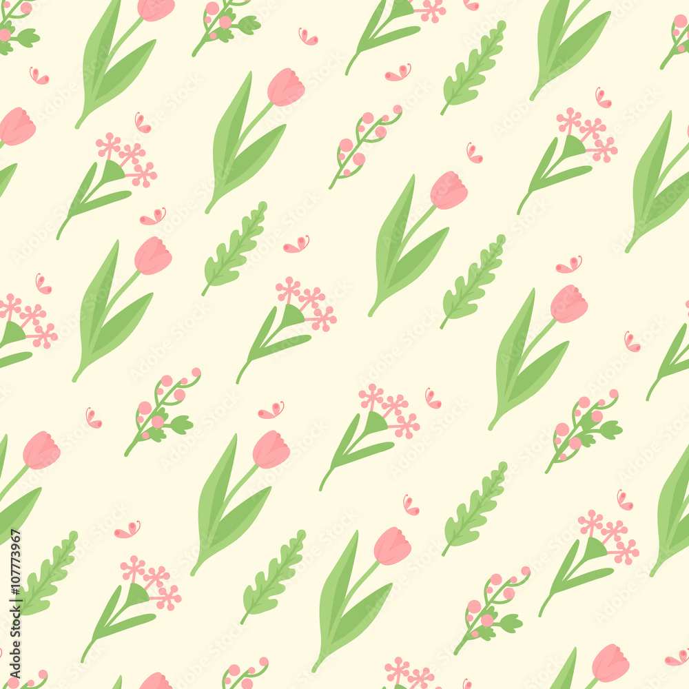 Cute spring pattern with butterflies and tulips Cute spring pattern with butterflies and tulips