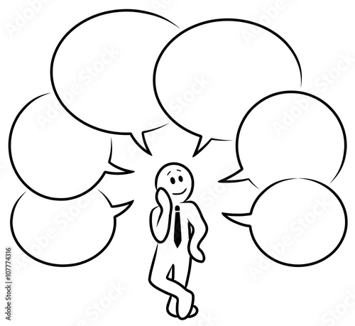 Ein nachdenkliches Strichmännchen mit 6 leeren Sprechblasen / Zeichnung, schwarz-weiß, Vektor, freigestellt
