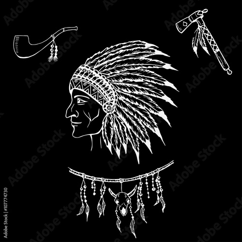 Man in the Native American Indian chief. Handdrawn vector illustration photo