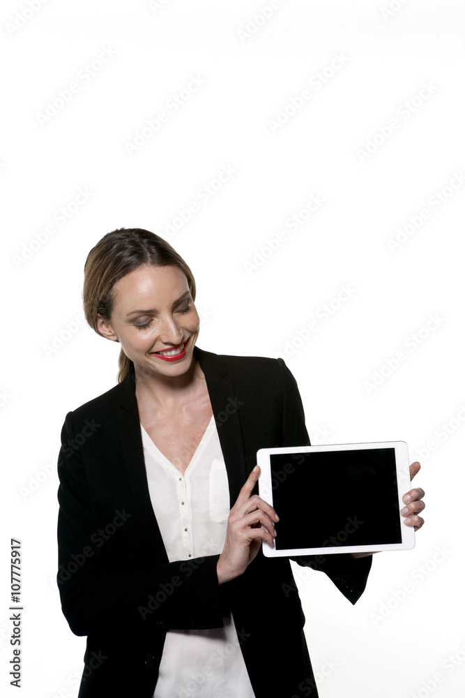Young pretty Caucasian woman displaying a tablet Young pretty Caucasian woman displaying a tablet