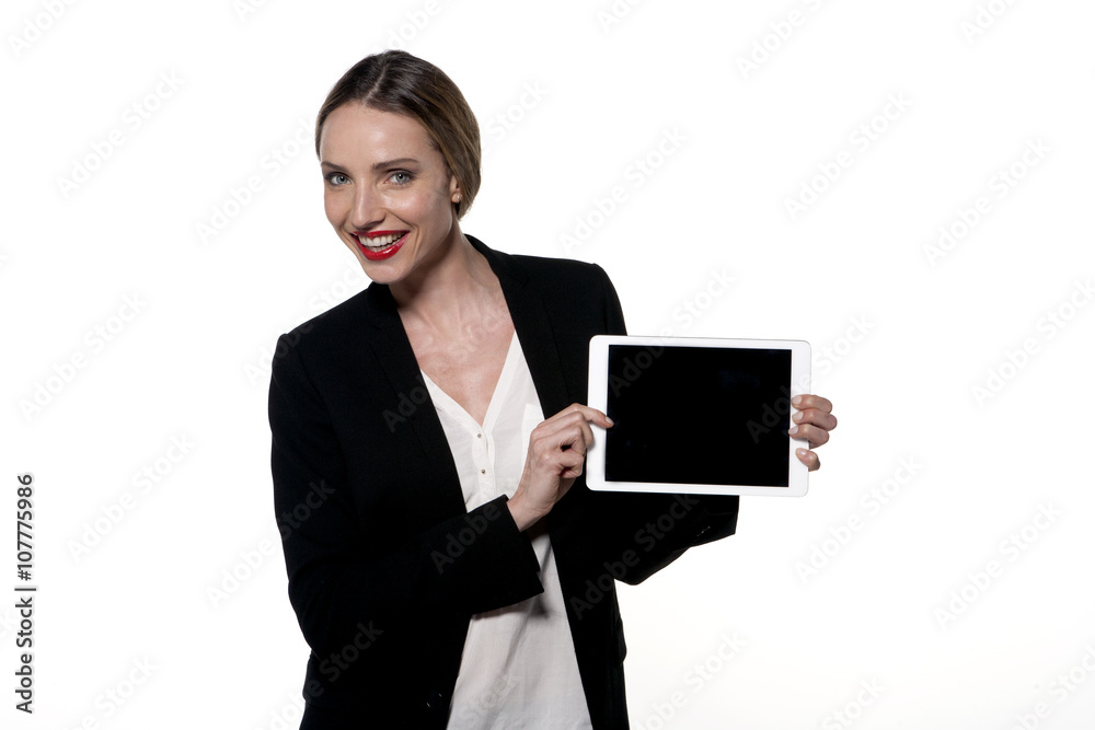 Portrait of a young Caucasian woman presenting a tablet Portrait of a young Caucasian woman presenting a tablet
