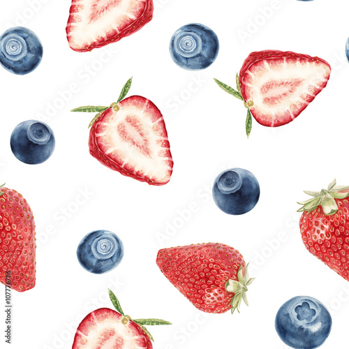 Fototapeta Naklejka Na Ścianę i Meble -  Watercolor strawberry and blueberry pattern