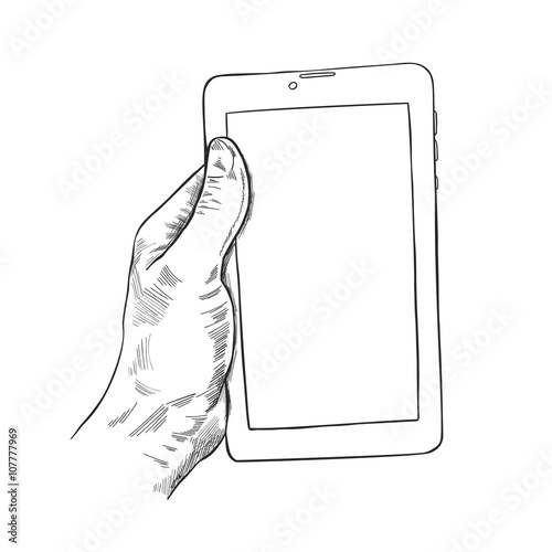 Sketch of human male hand holding a tablet screen
