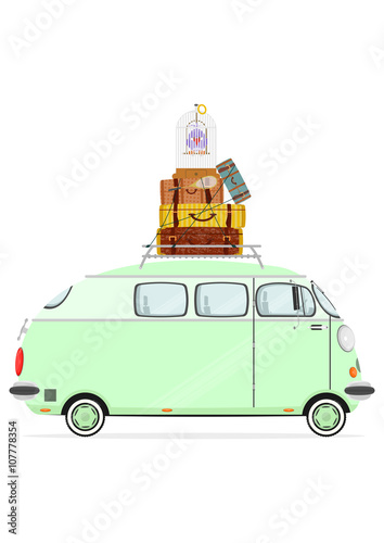 Holiday. Funny cartoon minivan with suitcases on a white background. Flat vector
