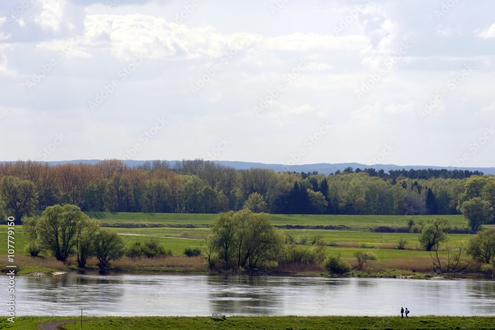 Spaziergänger an der Elbe / Zwei Spaziergänger gehen in der Ferne auf dem Deich des Flusses Elbe spazieren.