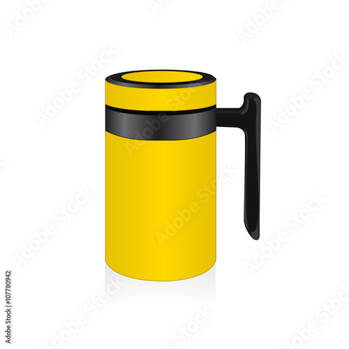 Vector yellow thermo mug, travel mug, thermos isolated on white background
