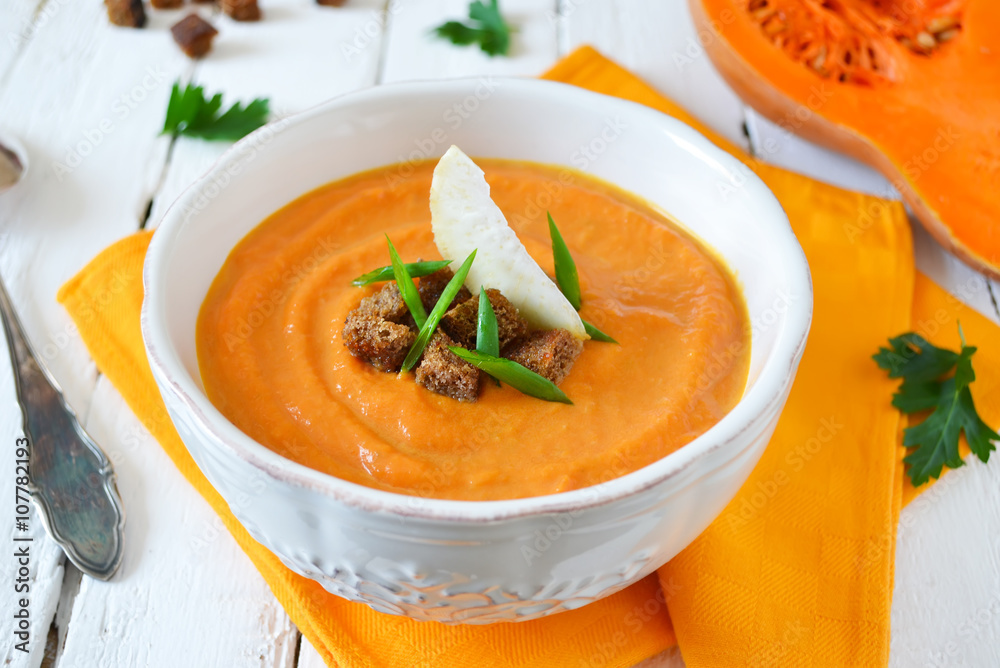puree soup of celery and pumpkin with rye croutons puree soup of celery and pumpkin with rye croutons