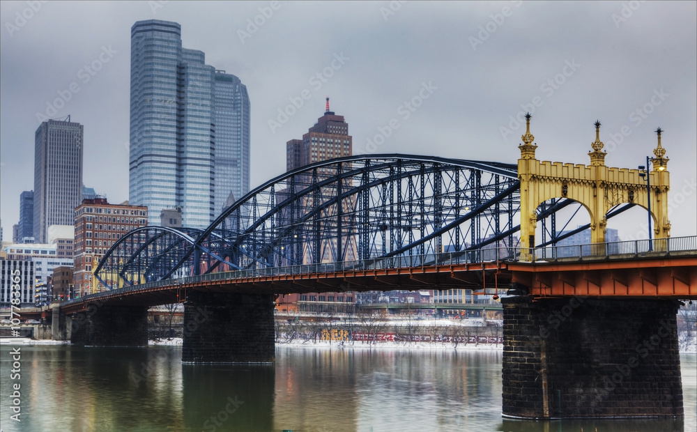 Colorful bridge with Pittsburgh, Pennsylvania skyline