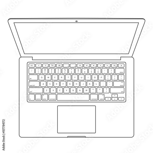 Top view of blank laptop computer with keyboard layout - mono line, vector illustration eps 10