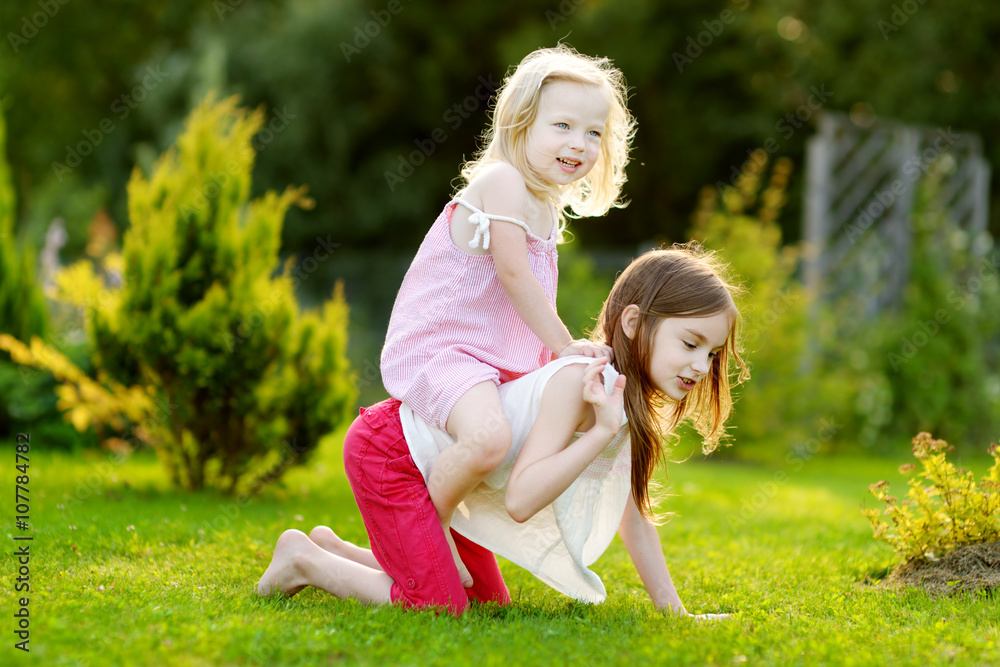 Two cute little sisters having fun together on the grass