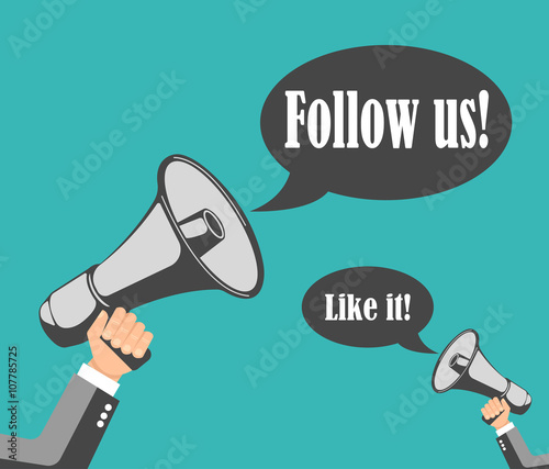 Follow us  and like it. banner for social networks. Flat illustration of human hand holds grey megaphone with speech bubble. Template design