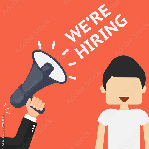 Hand holding megaphone with bubble speech hiring a manager
