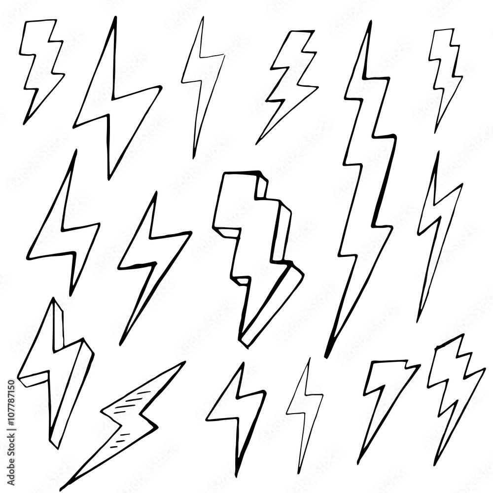 Set of doodle simple lightning, group of hand drawn objects Set of doodle simple lightning, group of hand drawn objects