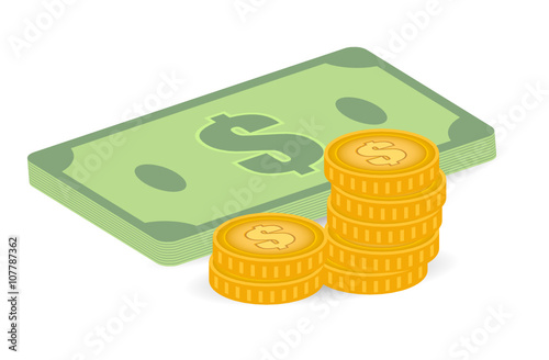 coins and bills stacked