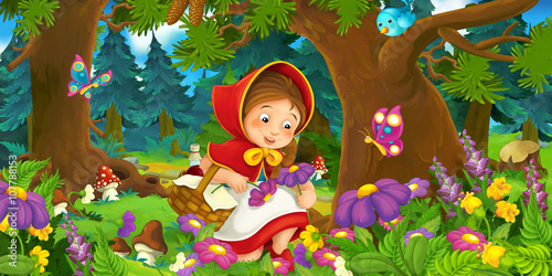 Fototapeta Naklejka Na Ścianę i Meble -  Cartoon scene on a happy girl inside colorful forest - illustration for children