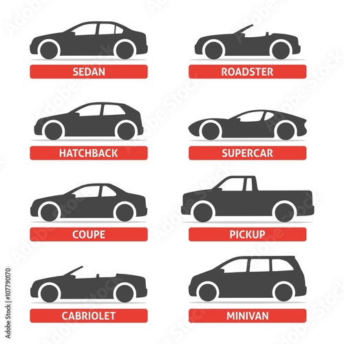 Car Type and Model Objects icons Set, automobile. Vector black illustration isolated on white background with shadow. Variants of car body silhouette for web