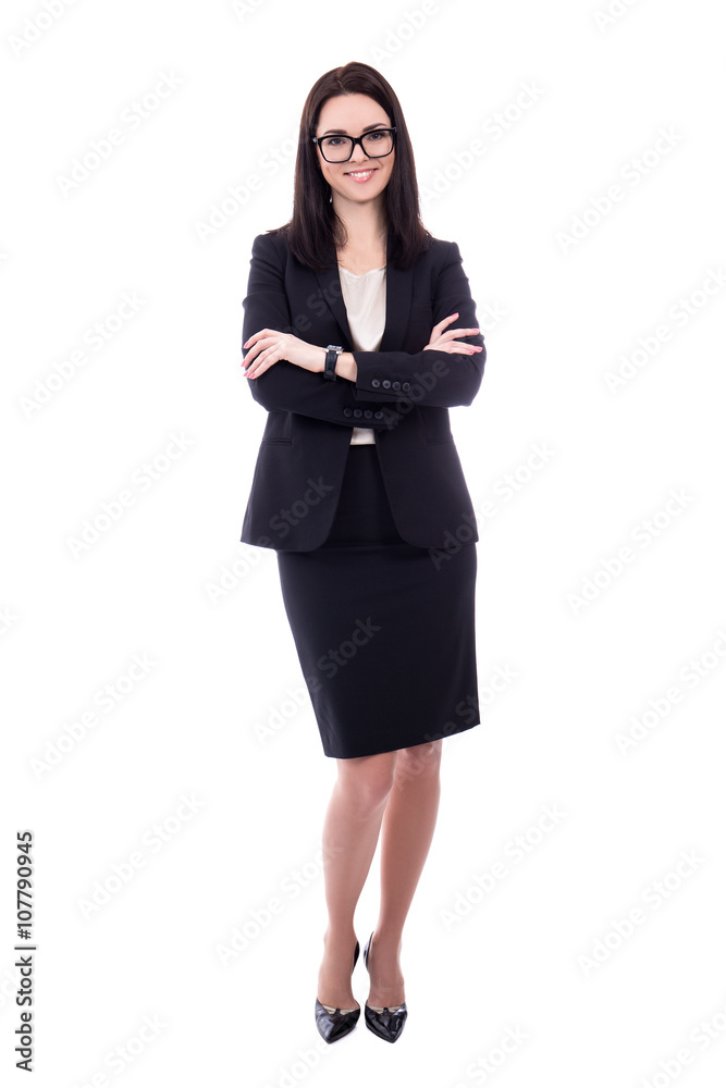 full length portrait of young woman in business suit isolated on Stock  Photo