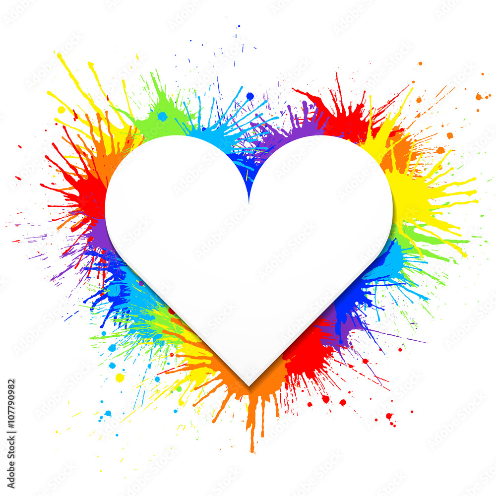 Heart shaped white banner on rainbow paint splashes background. Vector illustration. Heart shaped white banner on rainbow paint splashes background. Vector illustration.