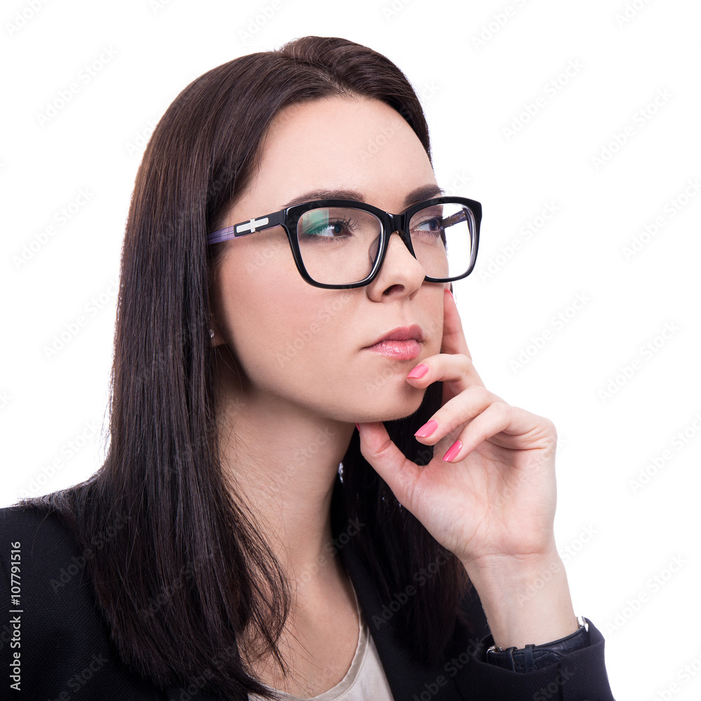 close up portrait of business woman in eyeglasses dreaming about close up portrait of business woman in eyeglasses dreaming about