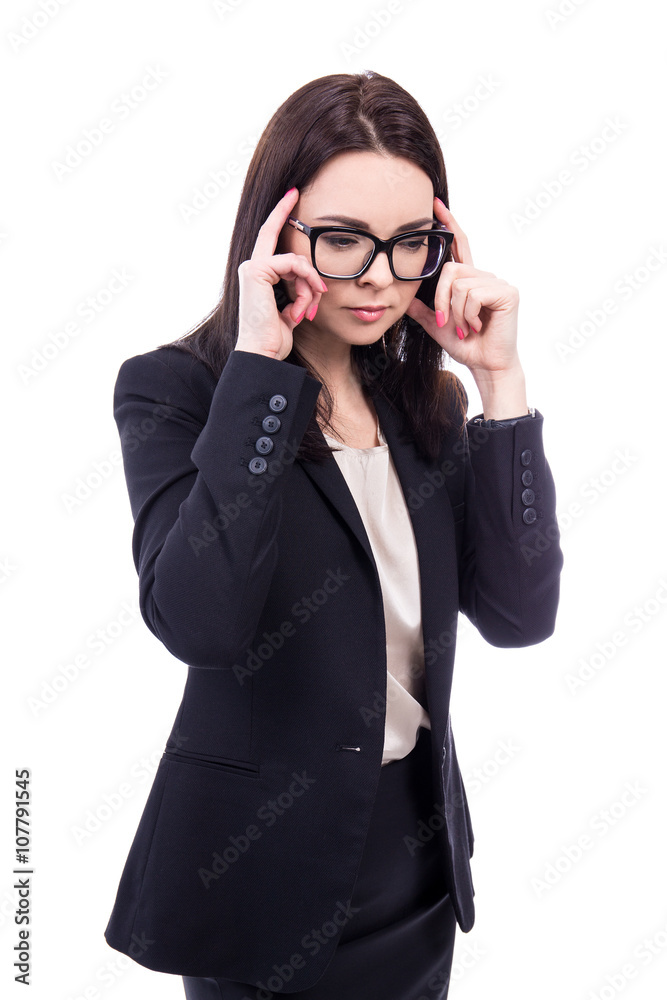 business woman with headache isolated on white