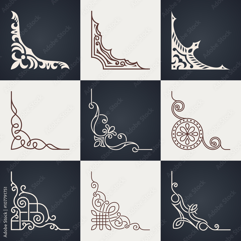 Calligraphic design elements. Vintage corners set