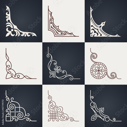 Calligraphic design elements. Vintage corners set