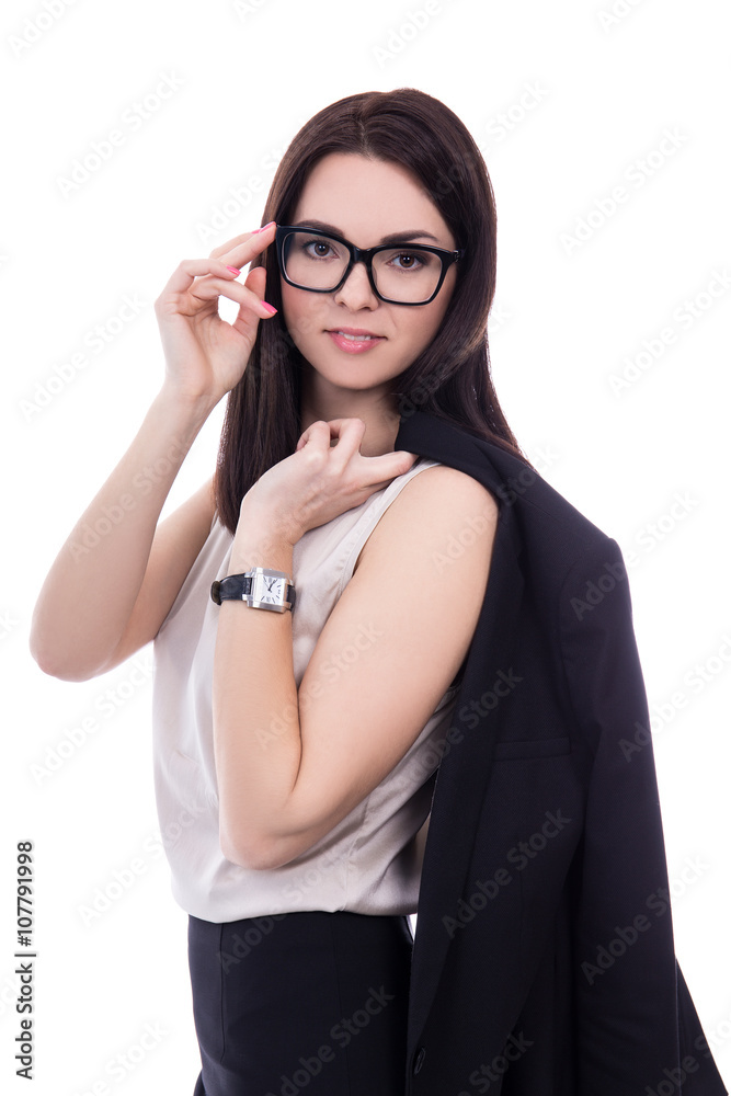 portrait of beautiful business woman holding her jacket isolated portrait of beautiful business woman holding her jacket isolated