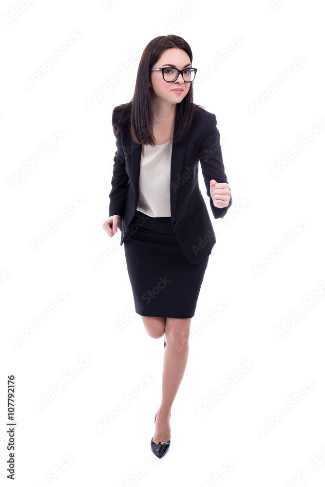 Fototapeta premium running young woman in business suit isolated on white