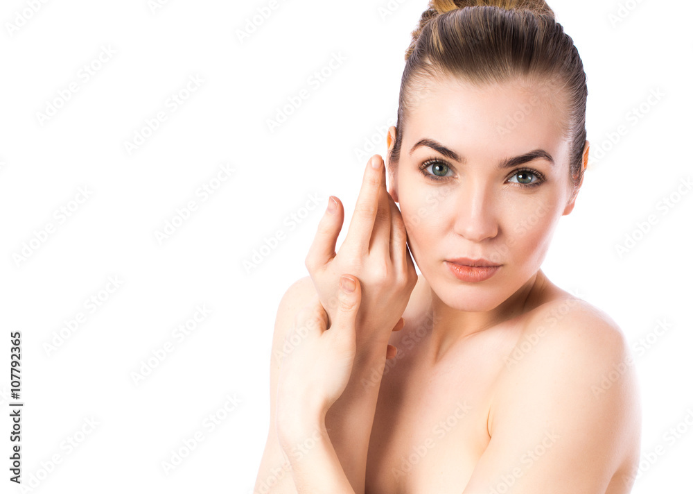 Young beautiful girl face portrait with healthy skin on white background isolated Young beautiful girl face portrait with healthy skin on white background isolated