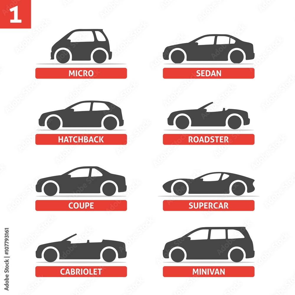 Car Type and Model Objects icons Set, automobile. Vector black illustration isolated on white background with shadow. Variants of car body silhouette for web.