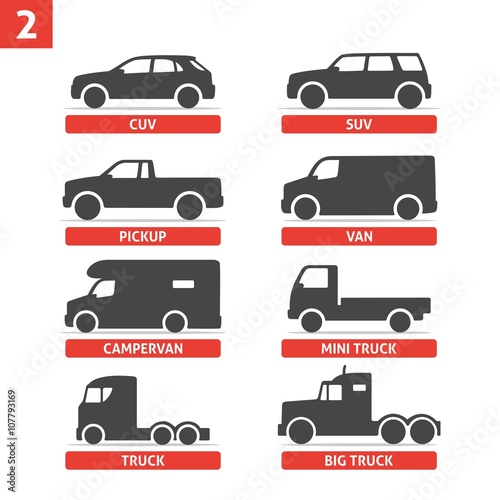 Car Type and Model Objects icons Set, automobile. Vector black illustration isolated on white background with shadow. Variants of car body silhouette for web.
