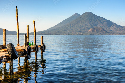 Early morning light on two volcanoes  Atitlan   Toliman  Lake Atitlan  Guatemala.