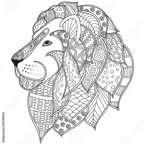 Hand drawn ornamental outline lion head illustration decorated with abstract doodles