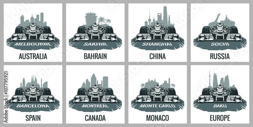 Set vintage poster Grand Prix. Barcelona, Spain, Montreal, Canada, Monte Carlo, Monaco, Baku, Europe, Melbourne, Australia, Sakhir, BahrainShanghai, China, Sochi, Russia.  Vector for poster, web