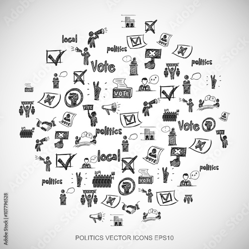 Black doodles Hand Drawn Politics Icons set on White. EPS10 vector illustration.